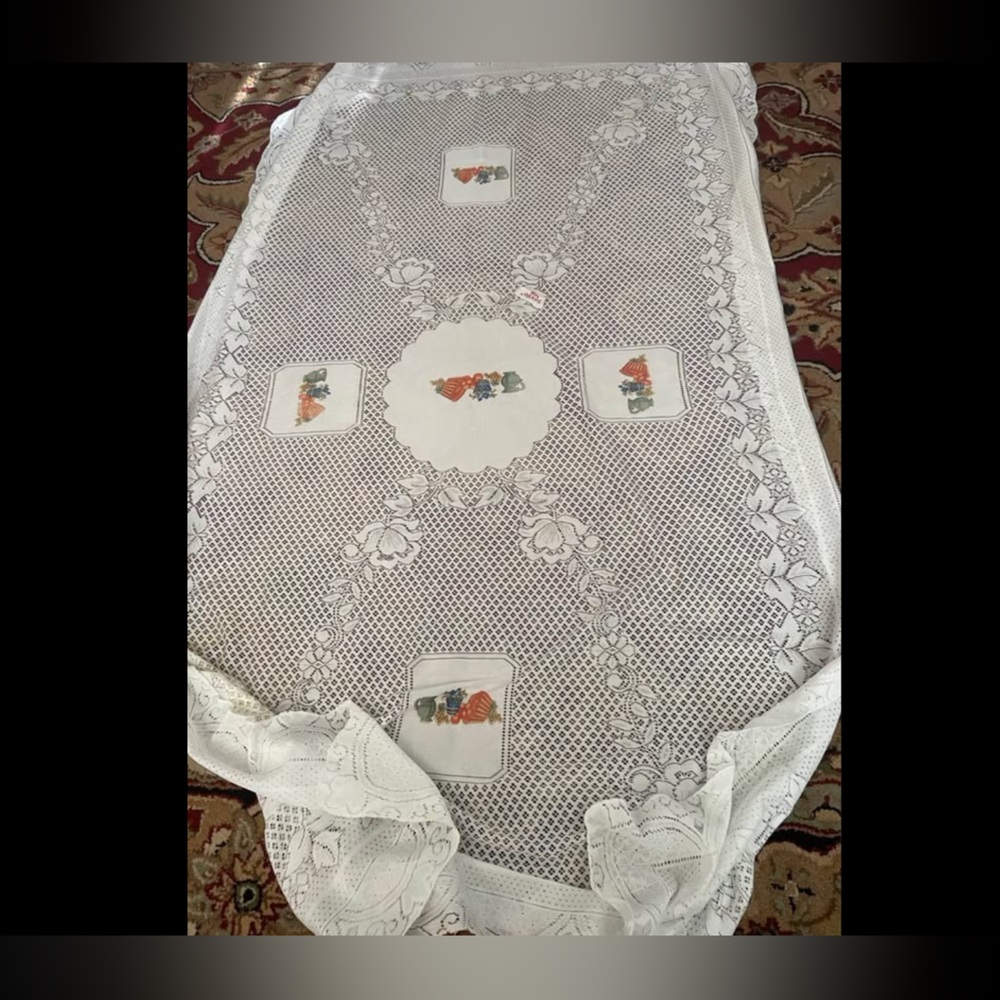 VTG Lace White TableCloth Rectangle Floral 50x80” with fruits